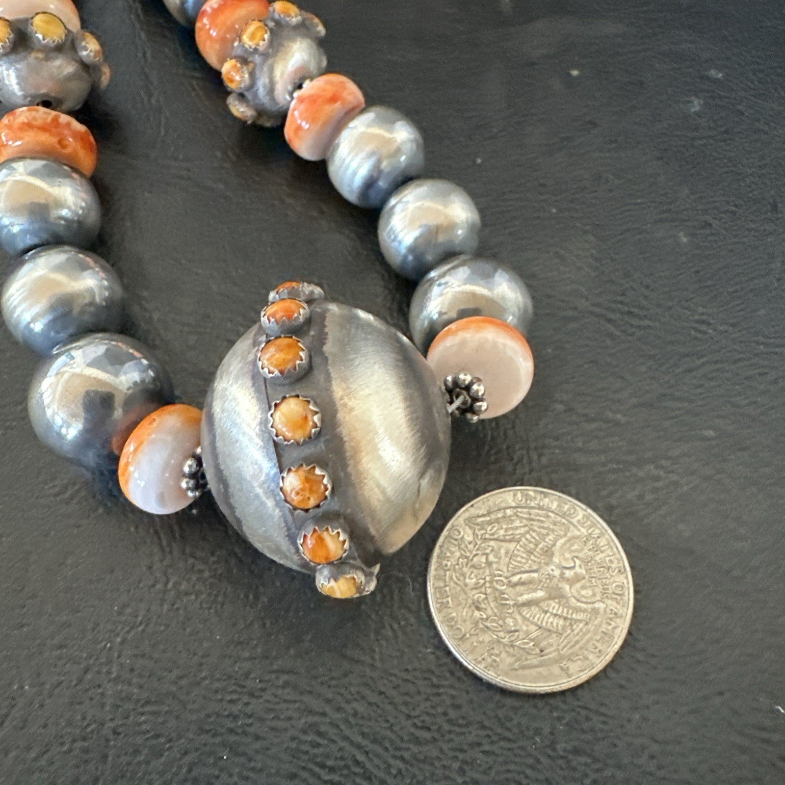 XL Orange Spiny Oyster Navajo Pearls Graduated Sterling Bead Necklace 25" 19610