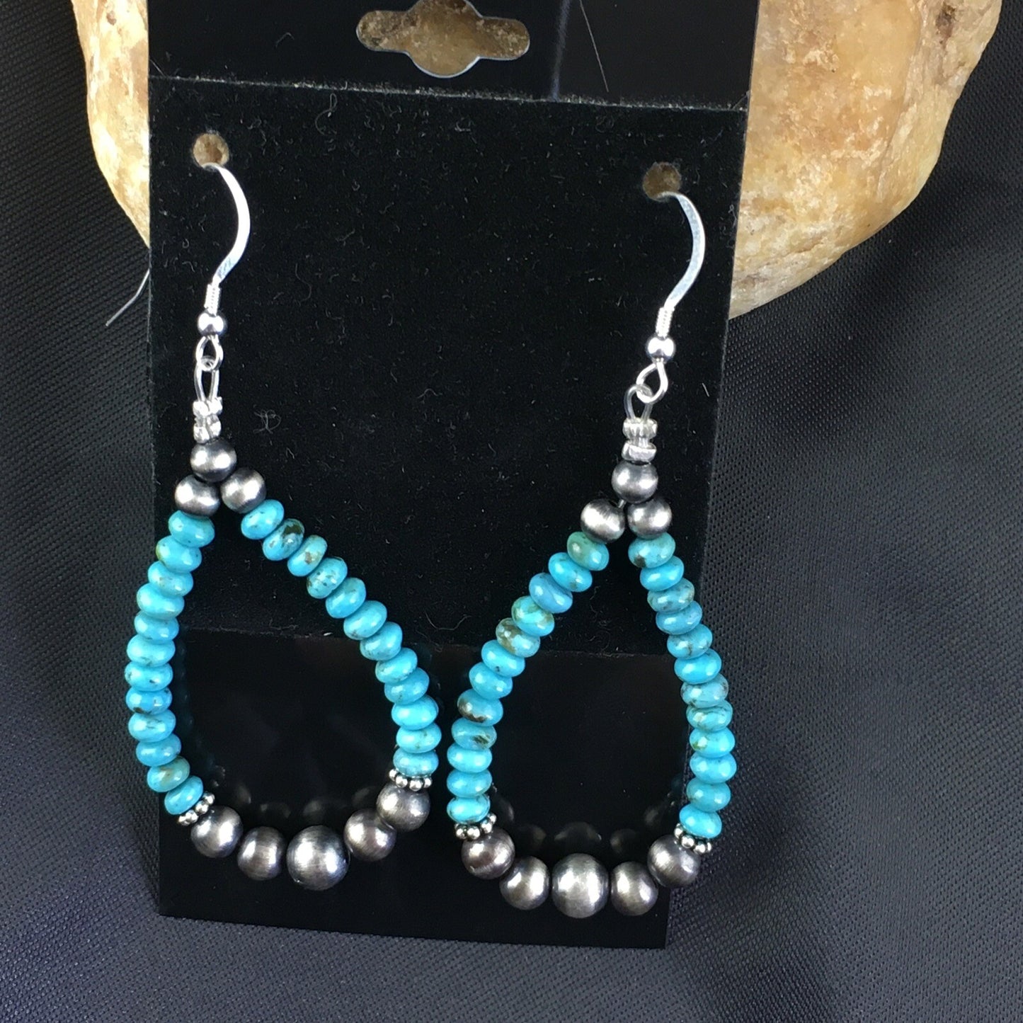 Blue Turquoise Bead Sterling Silver Beads Navajo Earrings 1.75" 1971