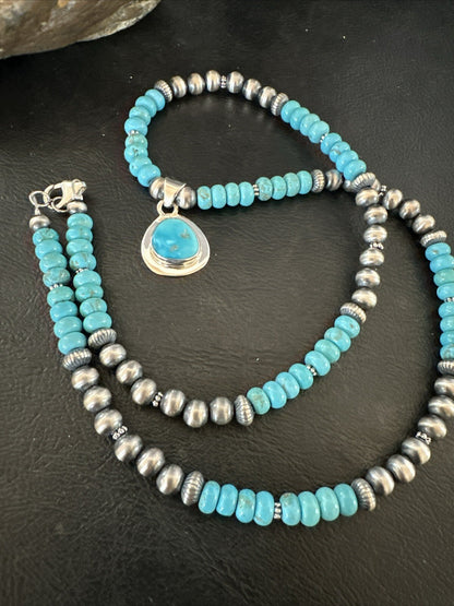 Mens Blue Kingman Turquoise Pendant Navajo Sterling Silver Necklace 21" 17901