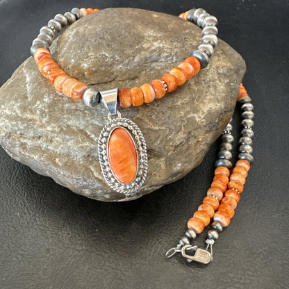 Orange Spiny Oyster Navajo Pearls Sterling Silver  Necklace Pendant 18679