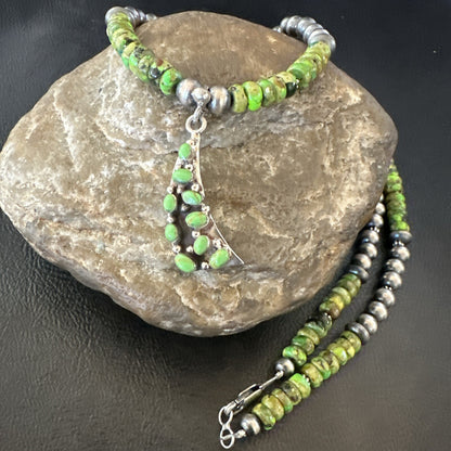 Womens Green Gaspeite Turquoise Pendant Navajo Sterling Silver Necklace 18369