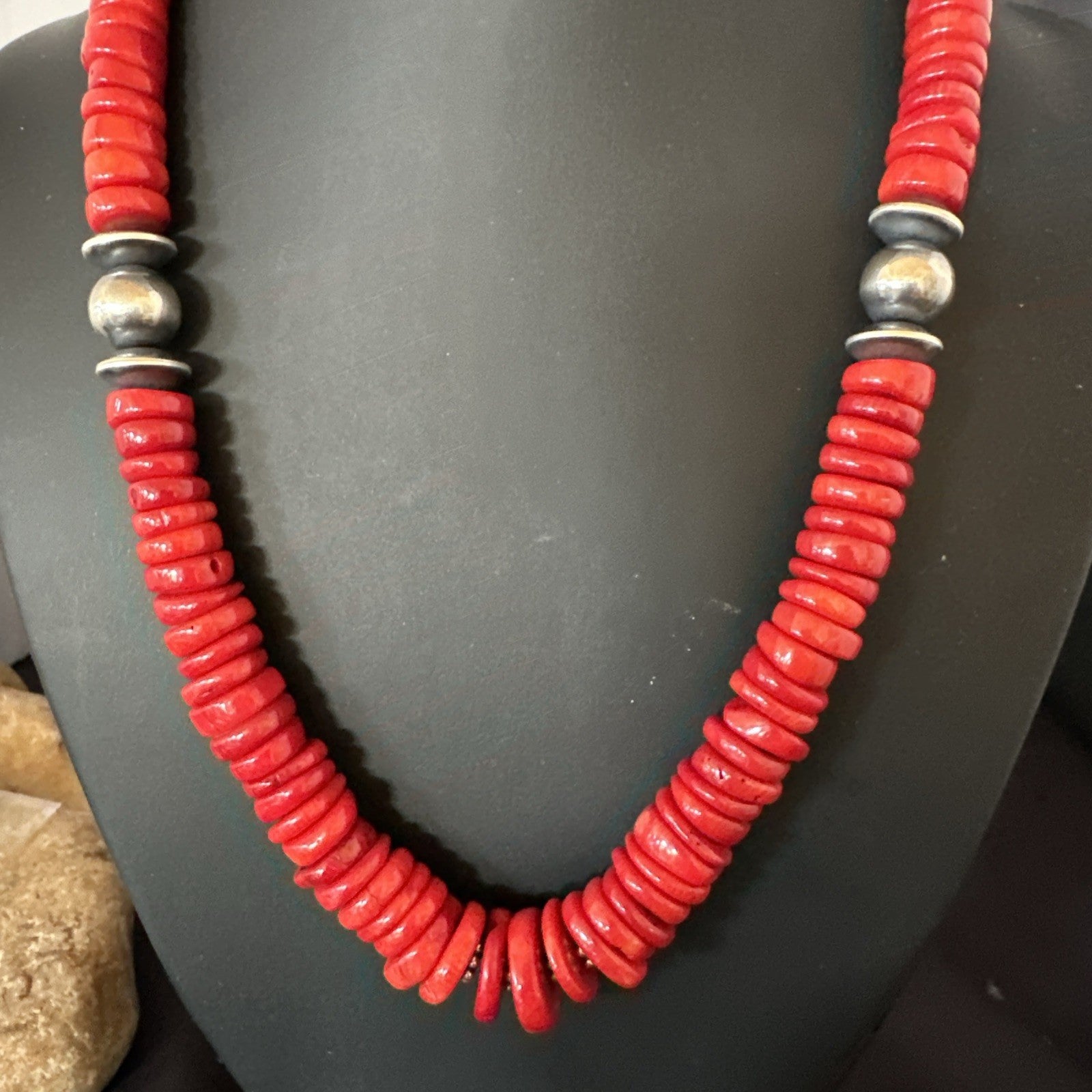 Red Bamboo Coral Navajo Sterling Silver Bead Necklace 19" 19227