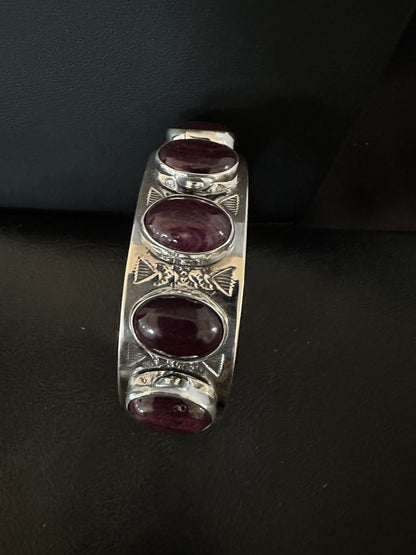Purple Spiny Oyster Row 5 Stone Sterling Silver Navajo Cuff Bracelet 19473