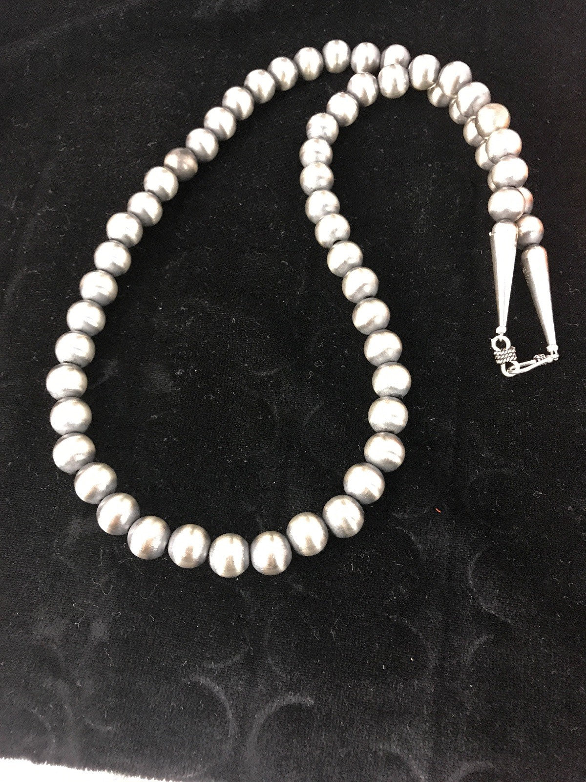 Native American 10mm Sterling Silver Beads 28" Hook & Eye Cone Necklace