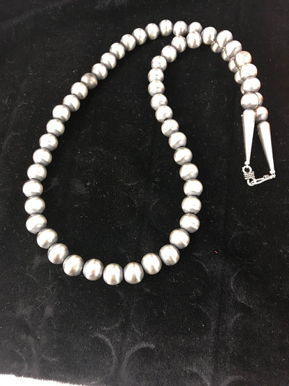 Native American 10mm Sterling Silver Beads 28" Hook & Eye Cone Necklace