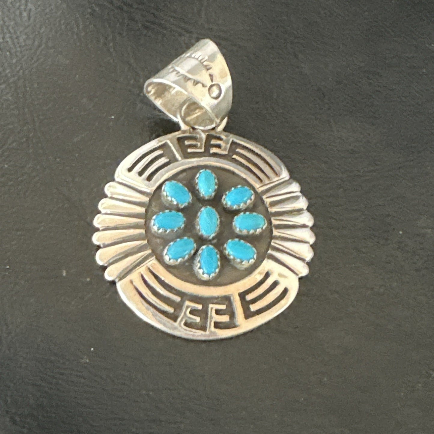 Blue Kingman Turquoise Navajo Sterling Silver Cluster Pendant 2"19285