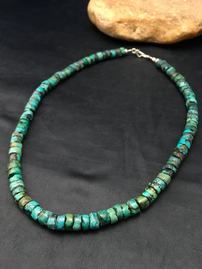 Turquoise 8mm Heishi Southwestern Sterling Silver Beads Necklace 20" 4348