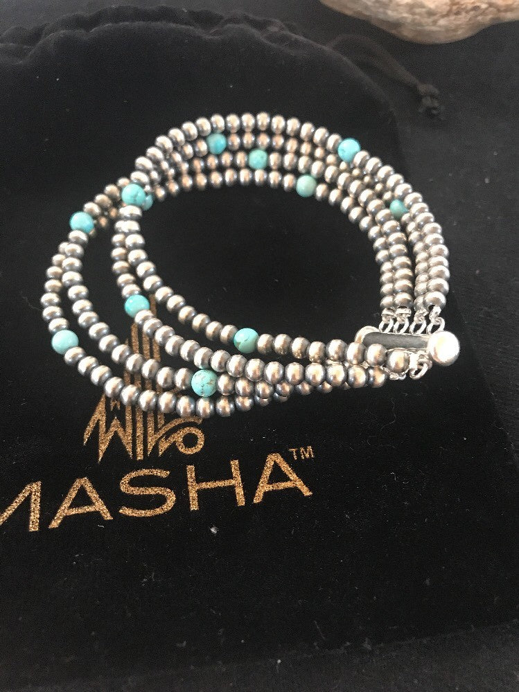 Native American Sterling Silver Beads Blue Turquoise Bracelet 4 Strand