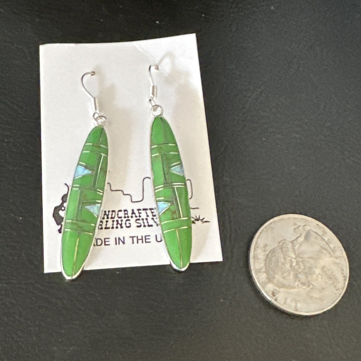 Green Gaspiete Southwestern Sterling Silver Inlay Earrings 1.5” 14933