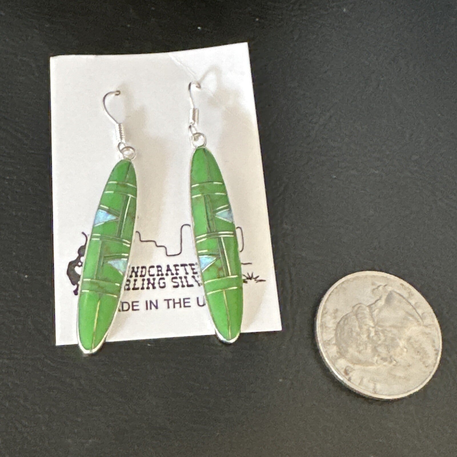 Green Gaspiete Southwestern Sterling Silver Inlay Earrings 1.5” 14933