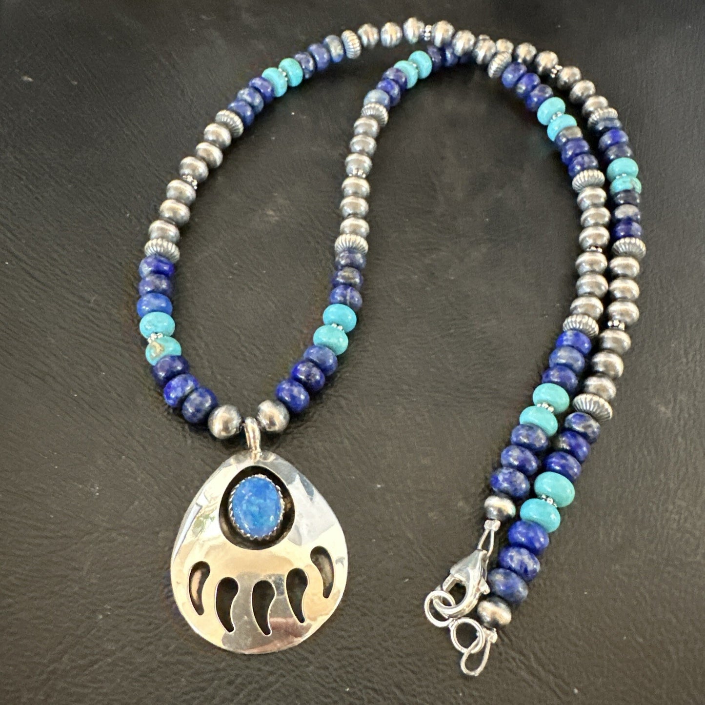 Mens Blue Turquoise Lapis BearPaw Pendant Navajo Sterling Silver Necklace 17882
