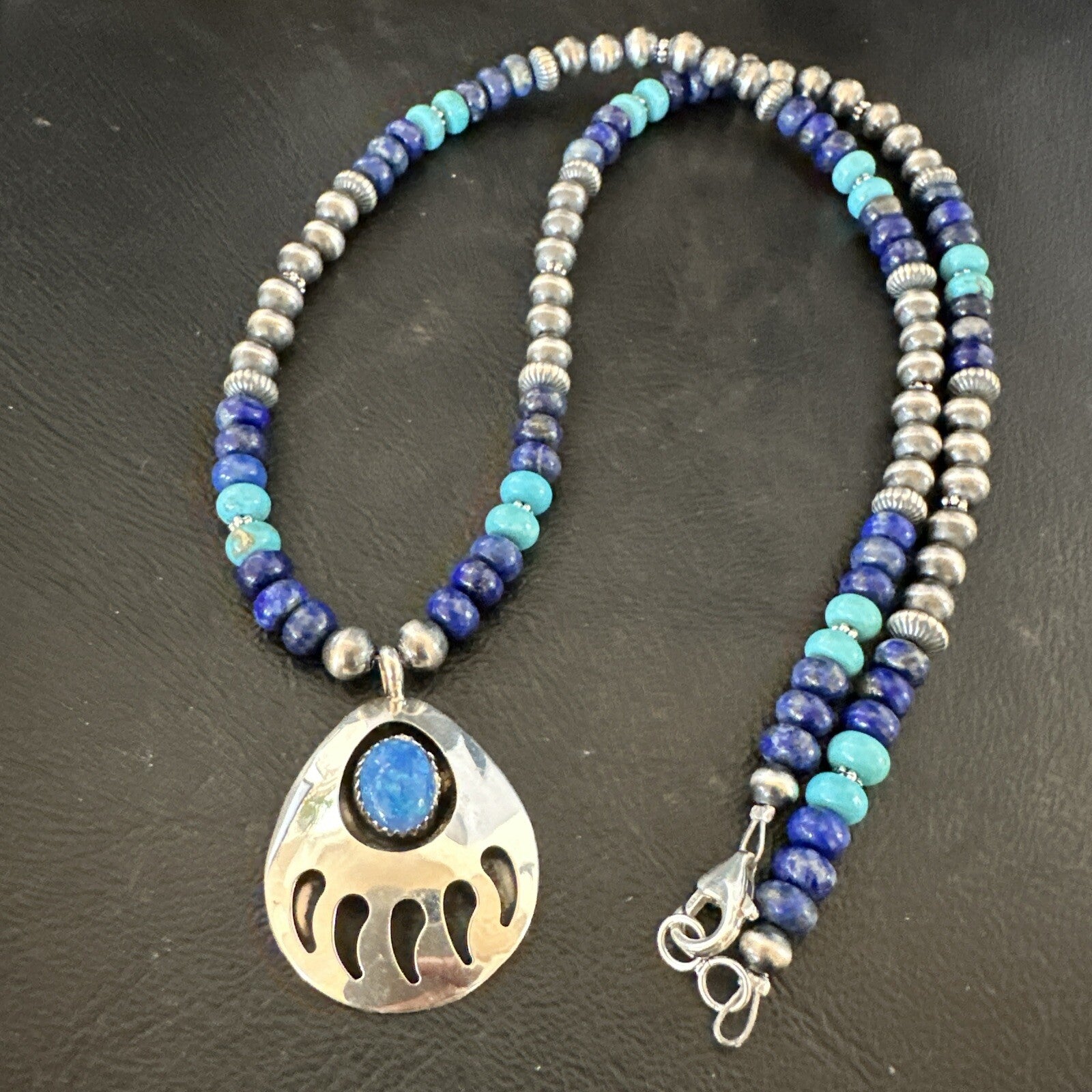 Mens Blue Turquoise Lapis BearPaw Pendant Navajo Sterling Silver Necklace 17882