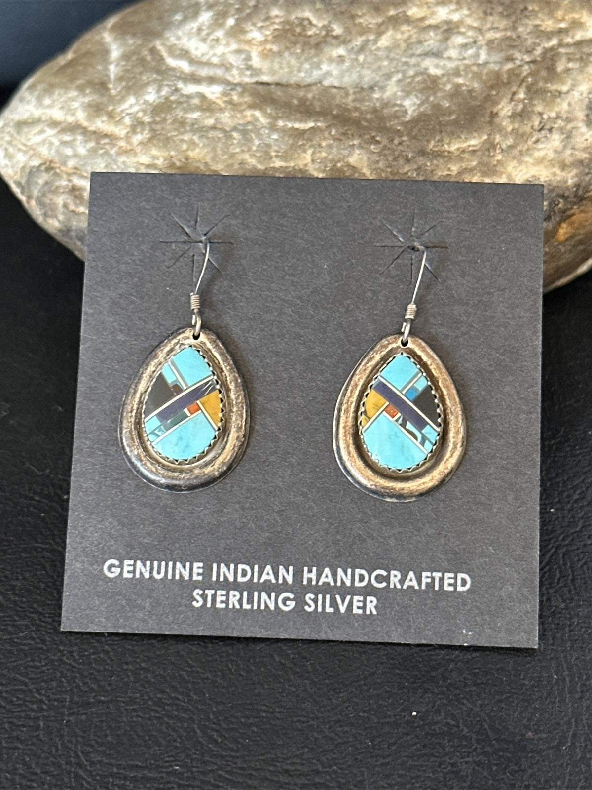 MultiColor Navajo Turquoise Spiny Oyster Inlay Sterling Silver Earrings 1" 14764
