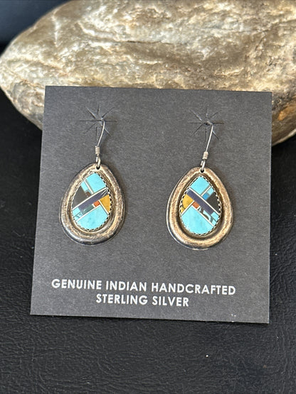 MultiColor Navajo Turquoise Spiny Oyster Inlay Sterling Silver Earrings 1" 14764