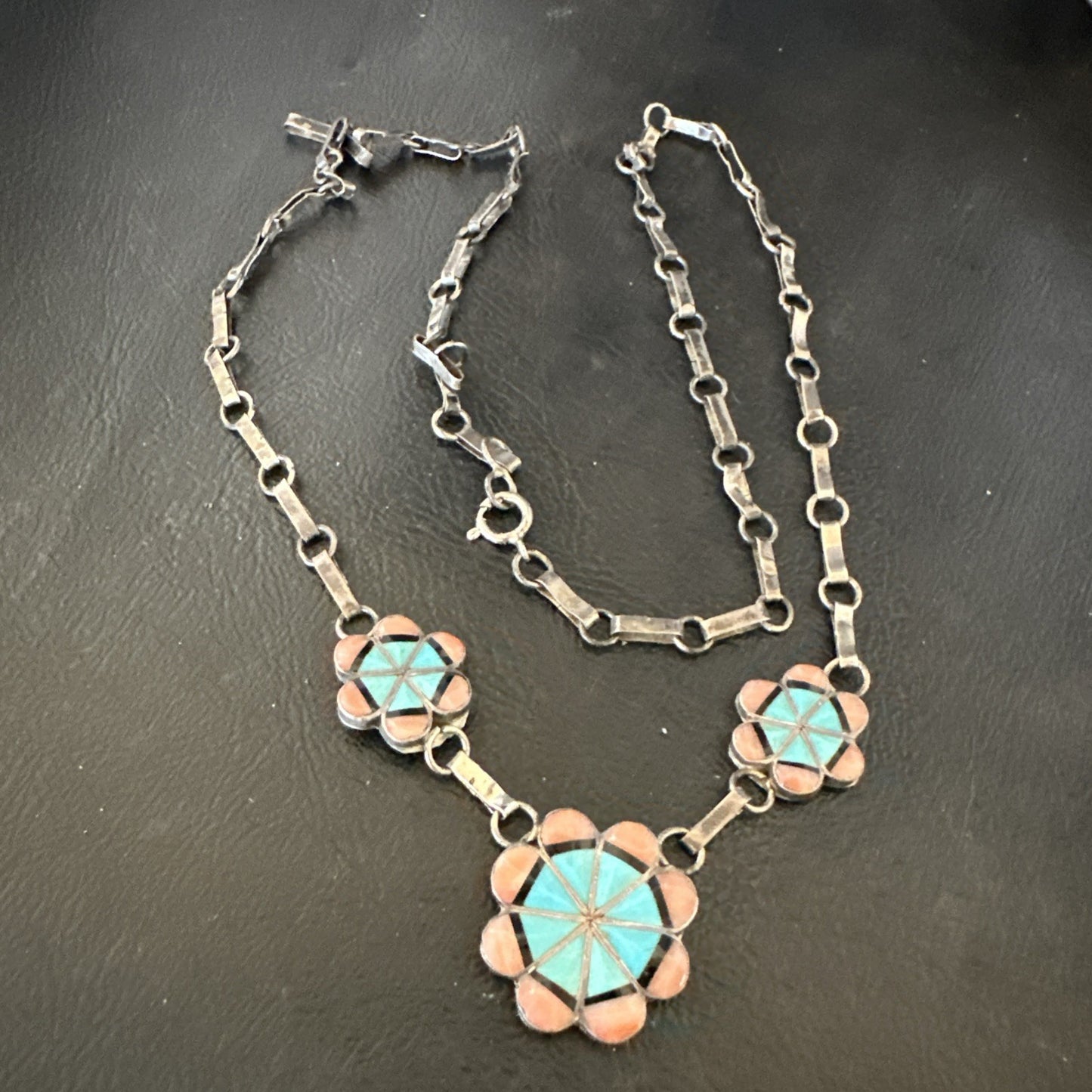 Pink Coral Turquoise Pendant Zuni Sterling Silver Old Pawn Necklace 22" 19143