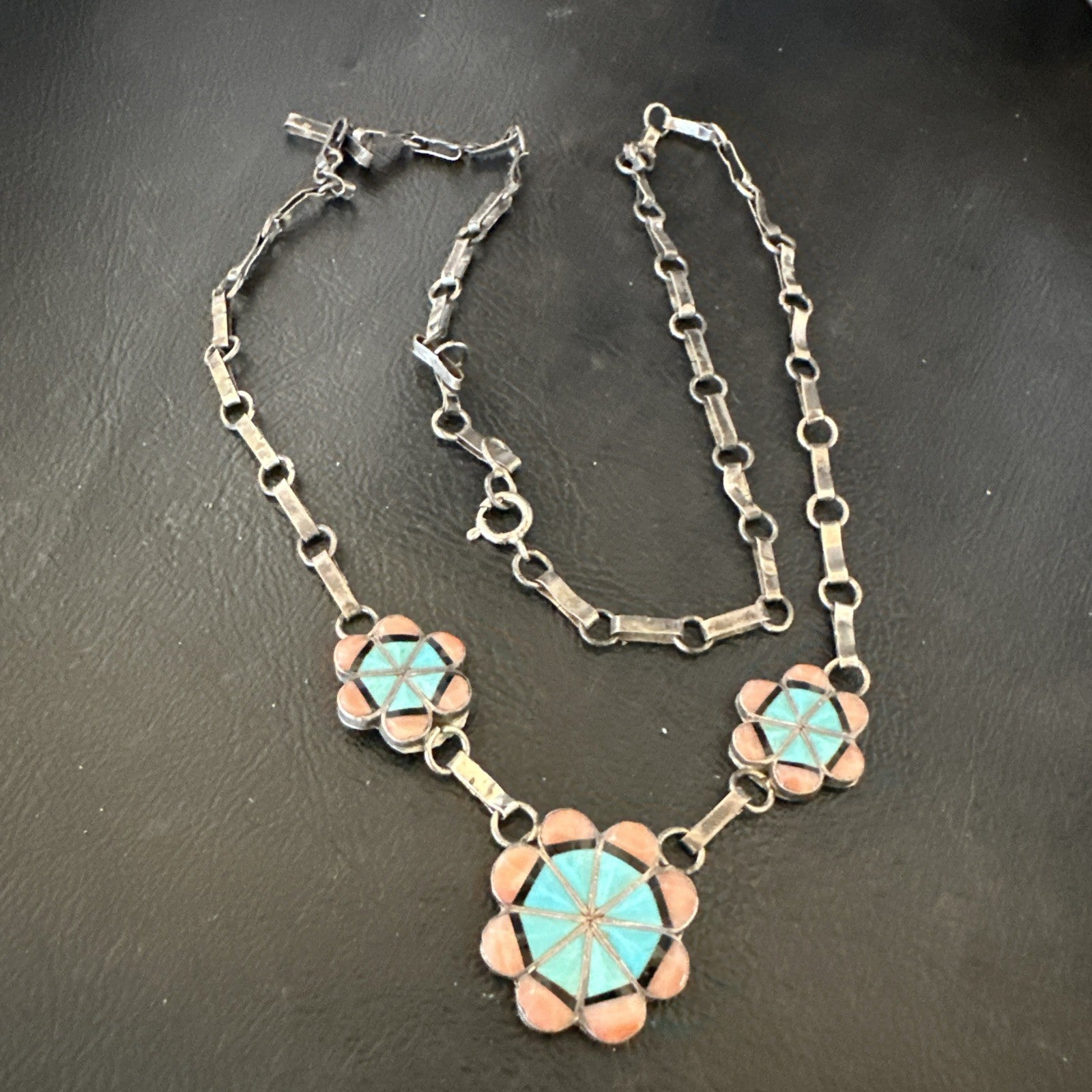 Pink Coral Turquoise Pendant Zuni Sterling Silver Old Pawn Necklace 22" 19143
