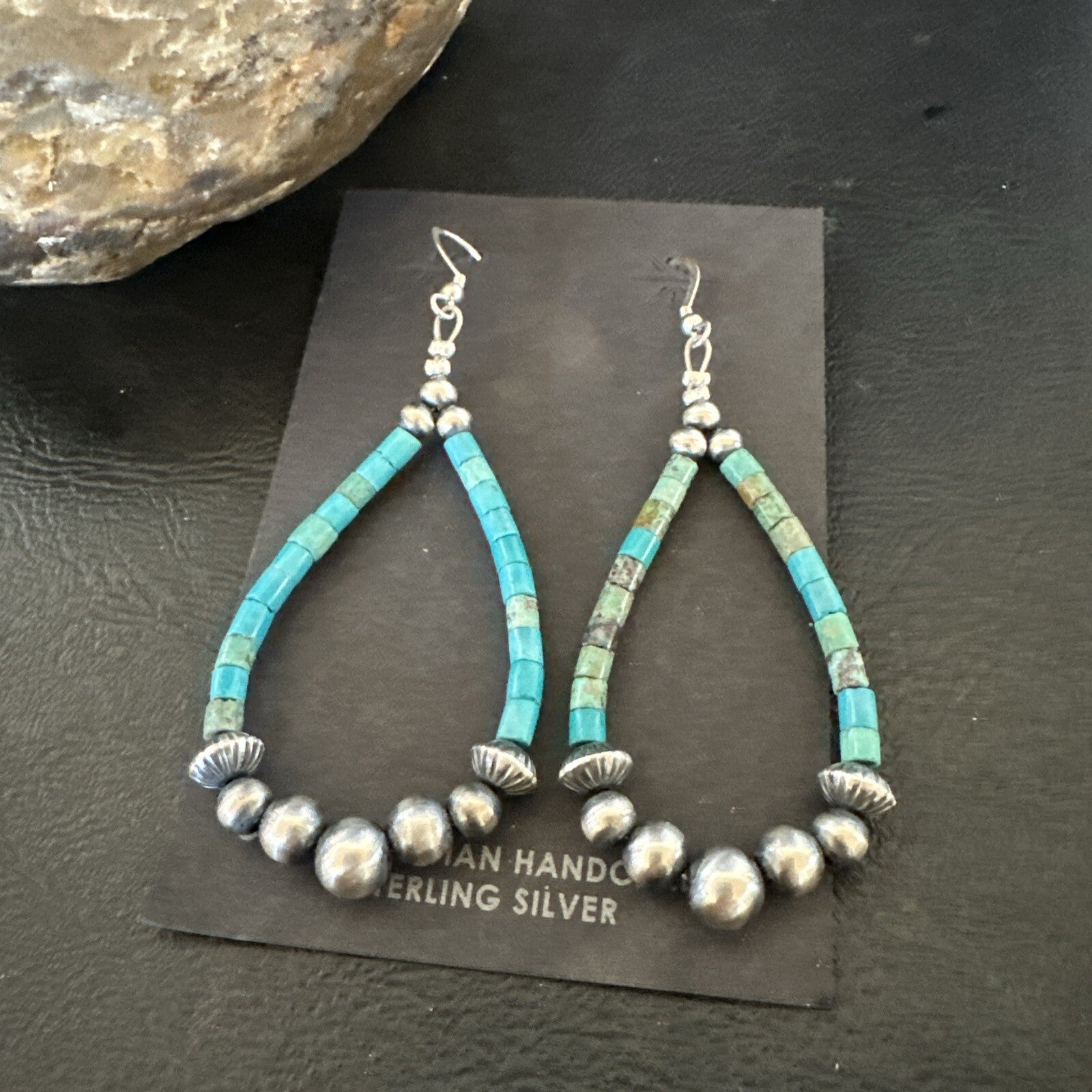 Blue Turquoise Heishi Sterling Silver Beads Navajo Beads Earrings 2" 17873