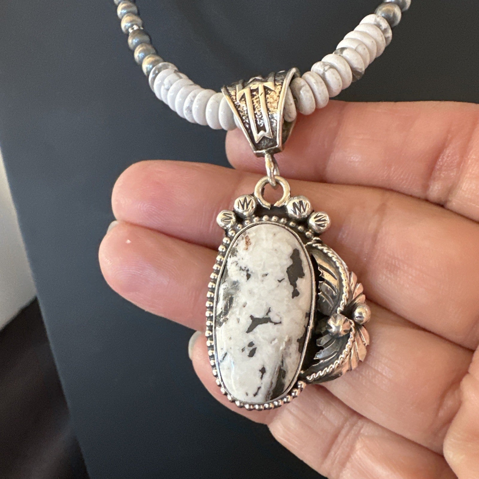White Buffalo Turquoise Pendant Navajo Pearls Sterling Silver Necklace 20” 19498