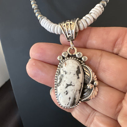 White Buffalo Turquoise Pendant Navajo Pearls Sterling Silver Necklace 20” 19498