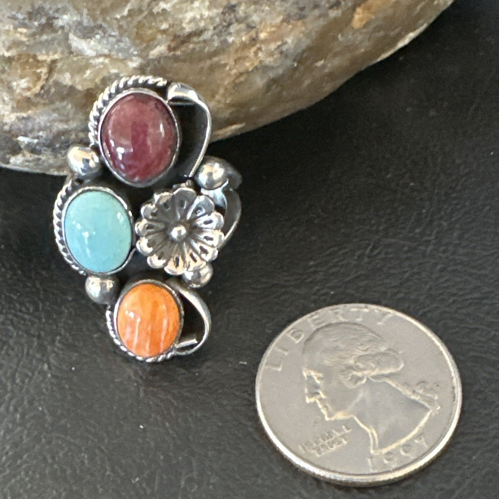 Multicolor Ring Turquoise Spiny Navajo Sterling Silver Cluster Size 8 19165