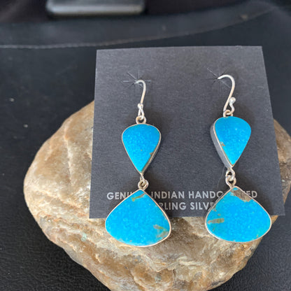 Kingman Turquoise Navajo Sterling Silver Dangle Earrings 1.5" 14013