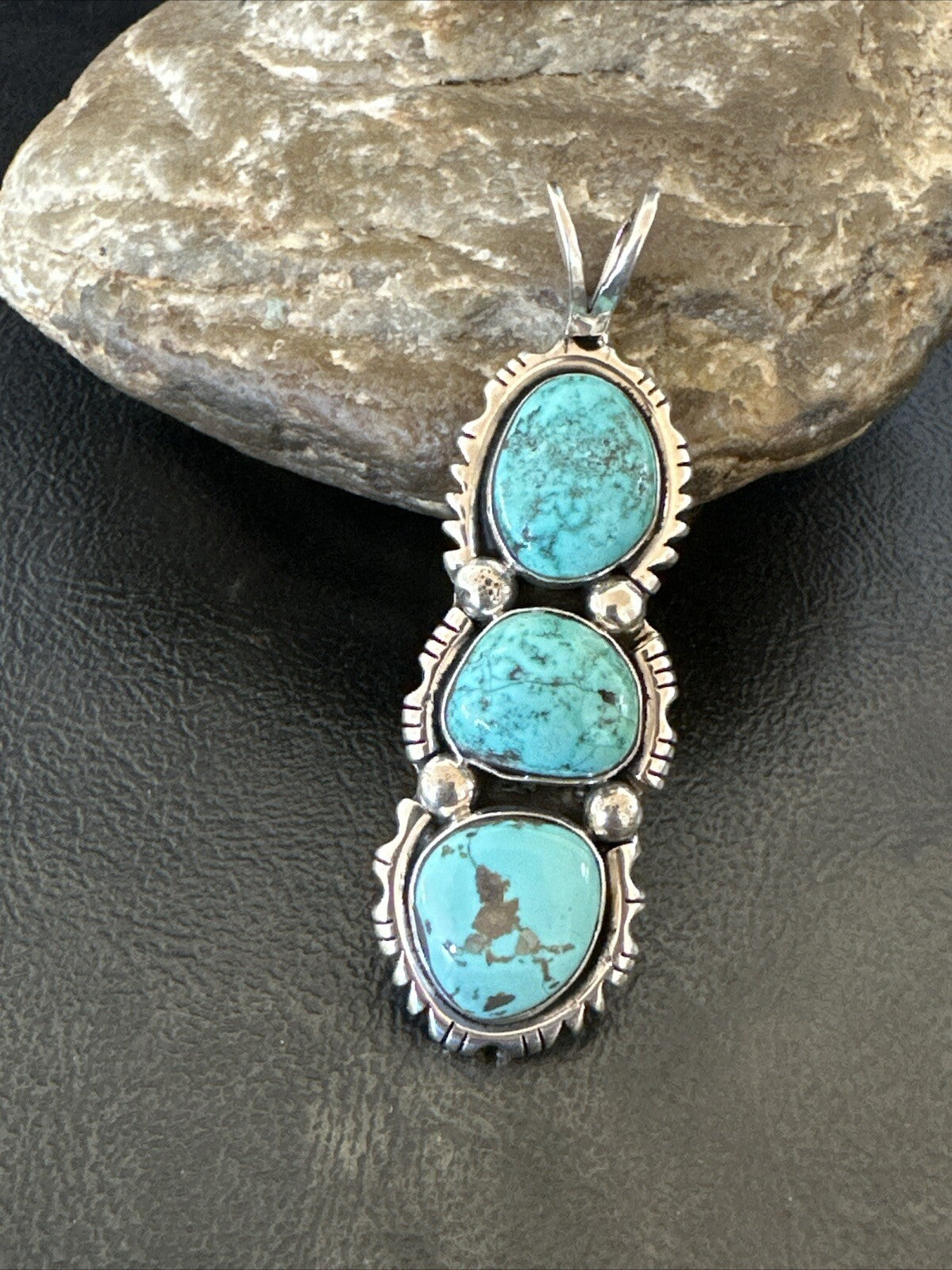 Blue Turquoise 3 Stone Navajo Sterling Silver Cluster Pendant Only 18309