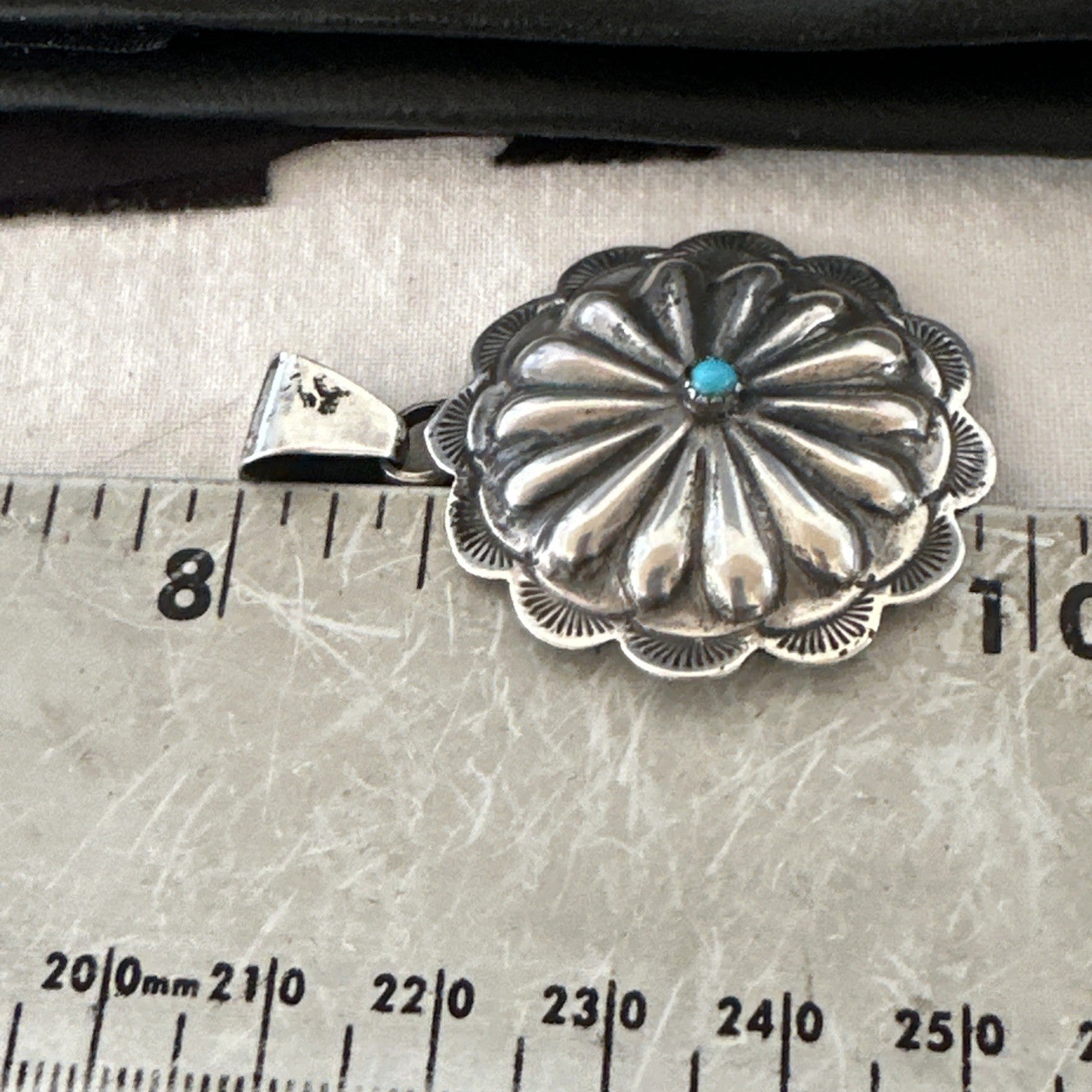Navajo Native American Turquoise Pendant  Stamped Sterling Silver 1” 19687