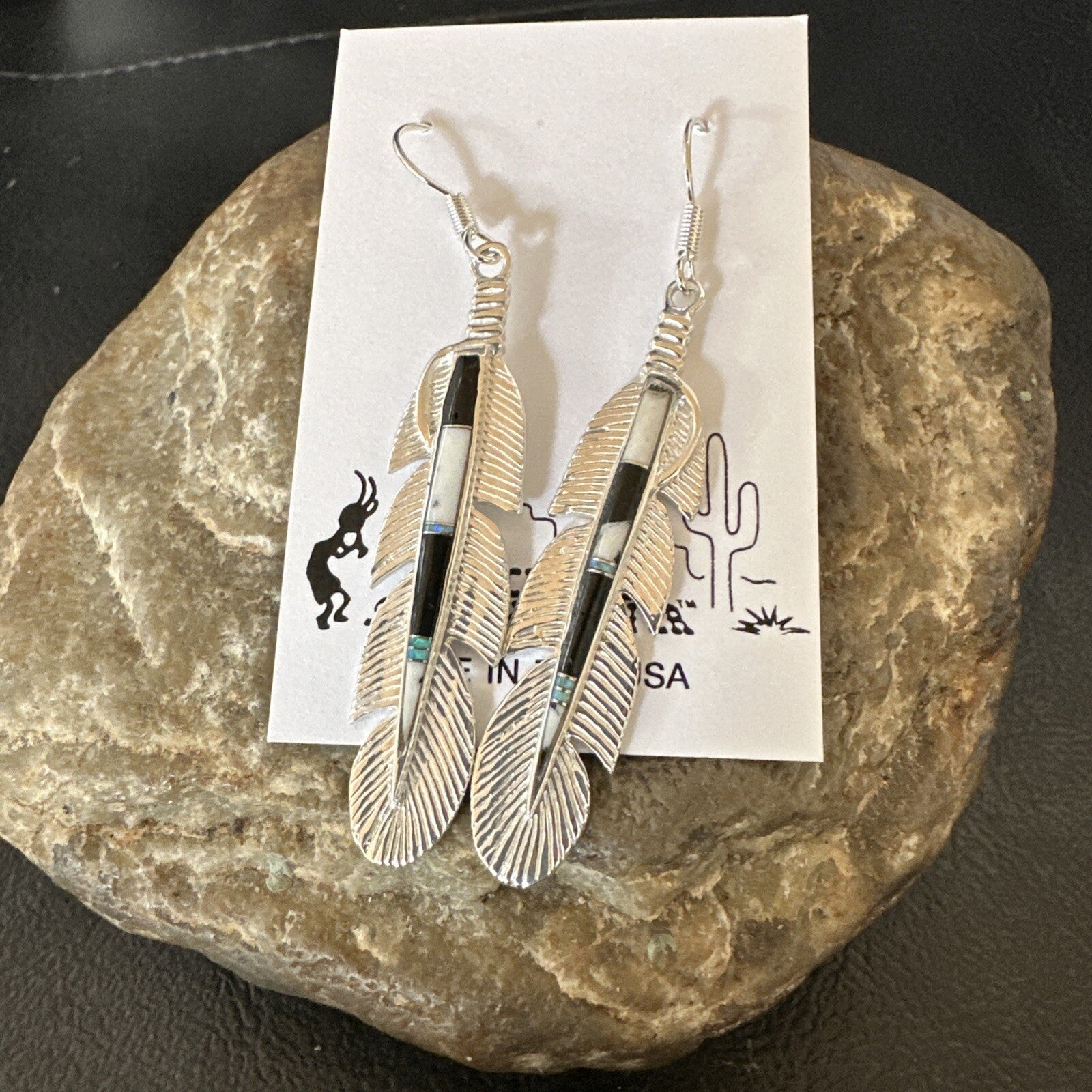 White Buffalo Turquoise Opal Sterling Silver Handmade Feather Earrings 18696