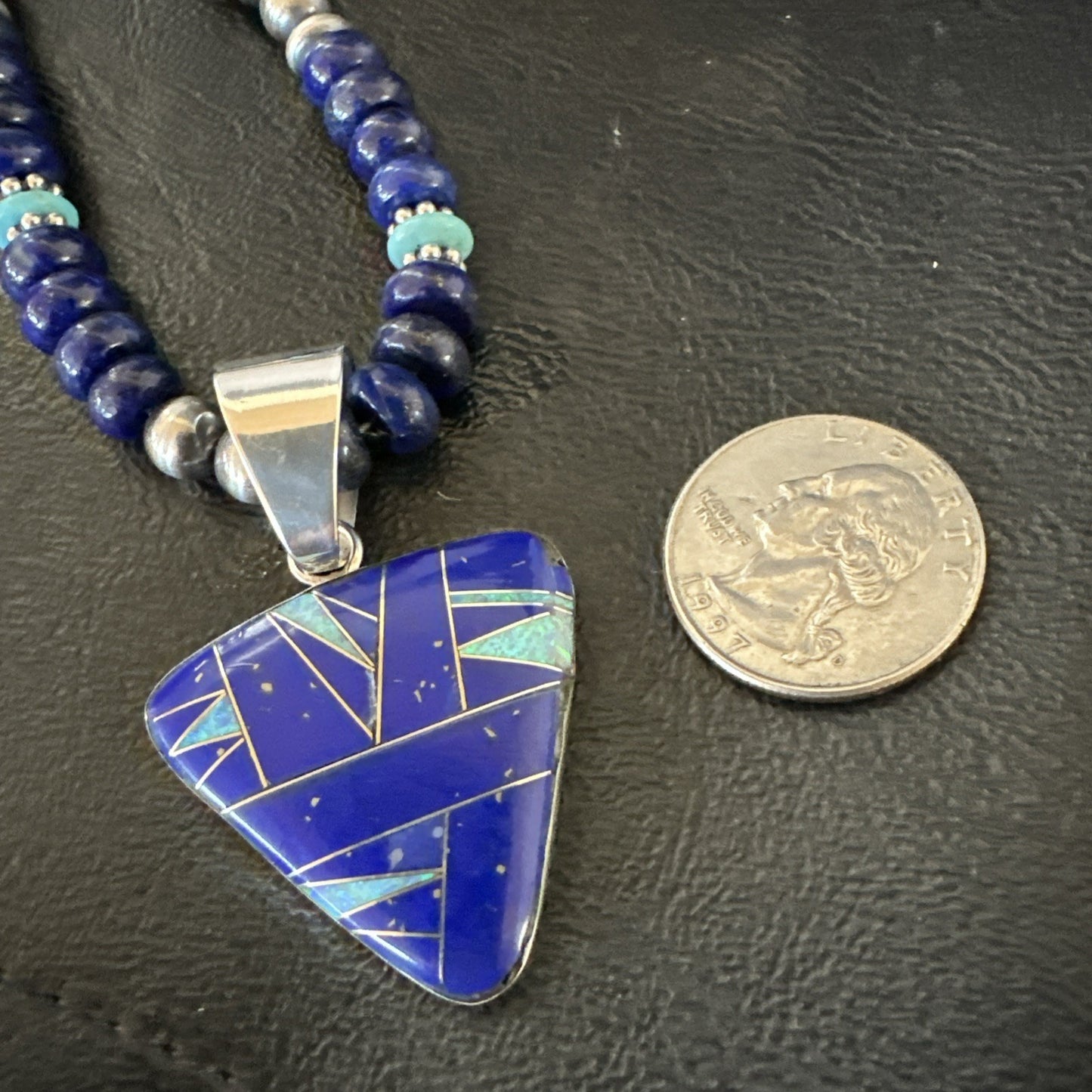 Lapis Opal Inlay Pendant Navajo Pearls Turquoise Sterling Silver Necklace 19182