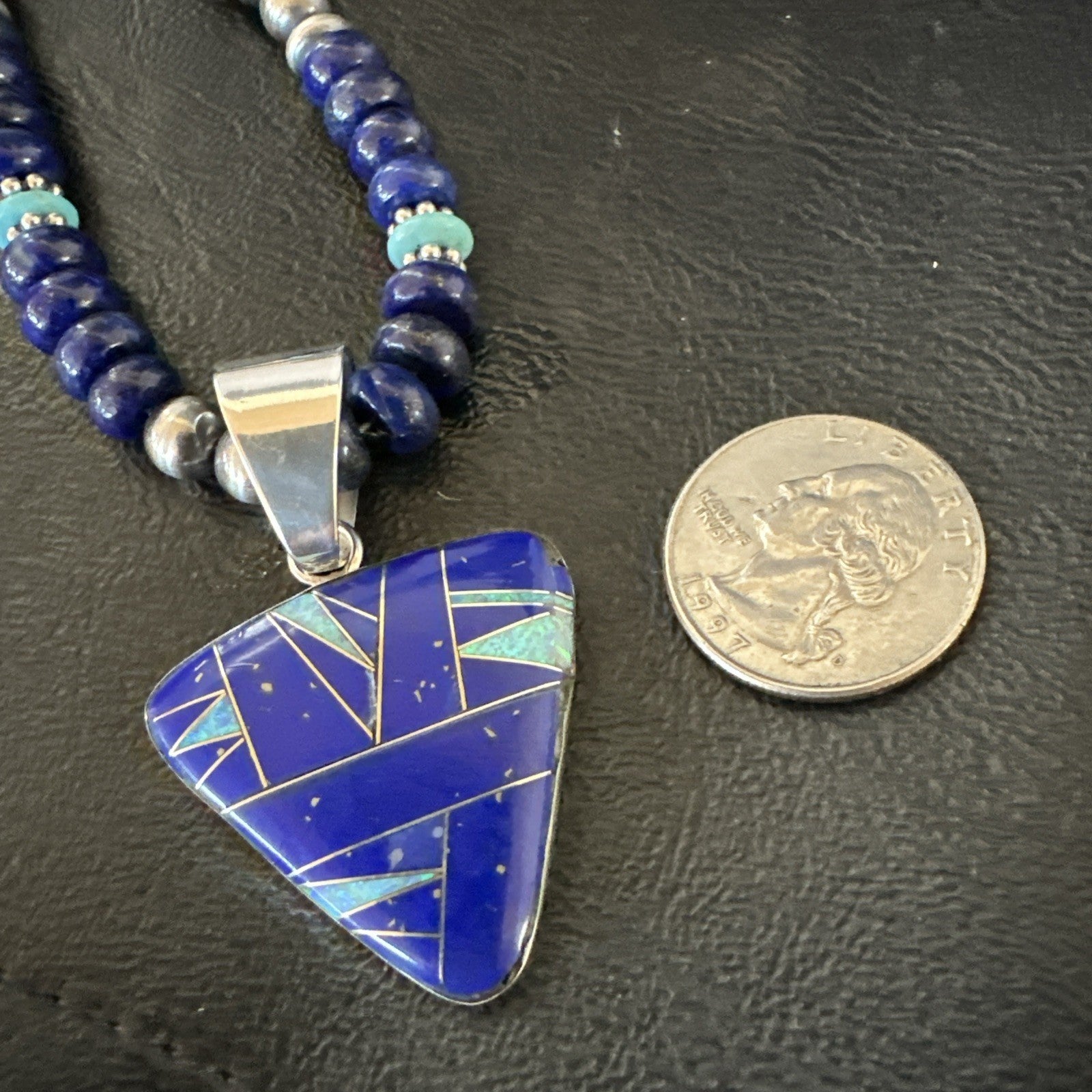 Lapis Opal Inlay Pendant Navajo Pearls Turquoise Sterling Silver Necklace 19182