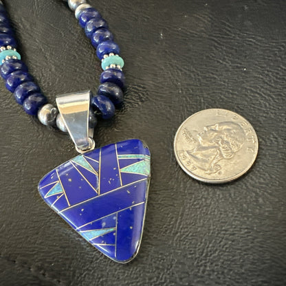 Lapis Opal Inlay Pendant Navajo Pearls Turquoise Sterling Silver Necklace 19182