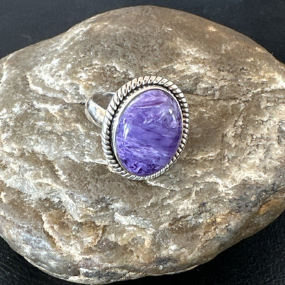 Womens Purple Charoite Navajo Sterling Silver Oval Ring Adjustable Size 9 17247