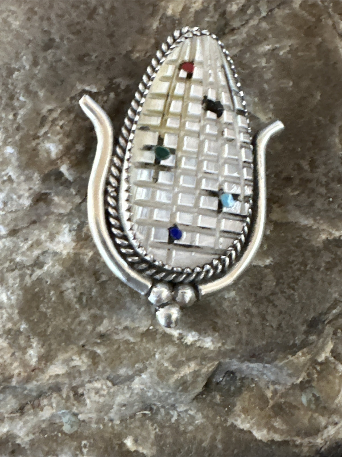 CORN INLAY Turquoise White MOP Spiny Zuni Sterling Silver Pin Pendant 17849