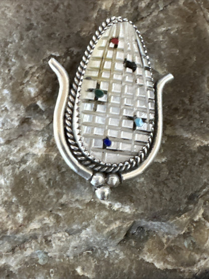 CORN INLAY Turquoise White MOP Spiny Zuni Sterling Silver Pin Pendant 17849