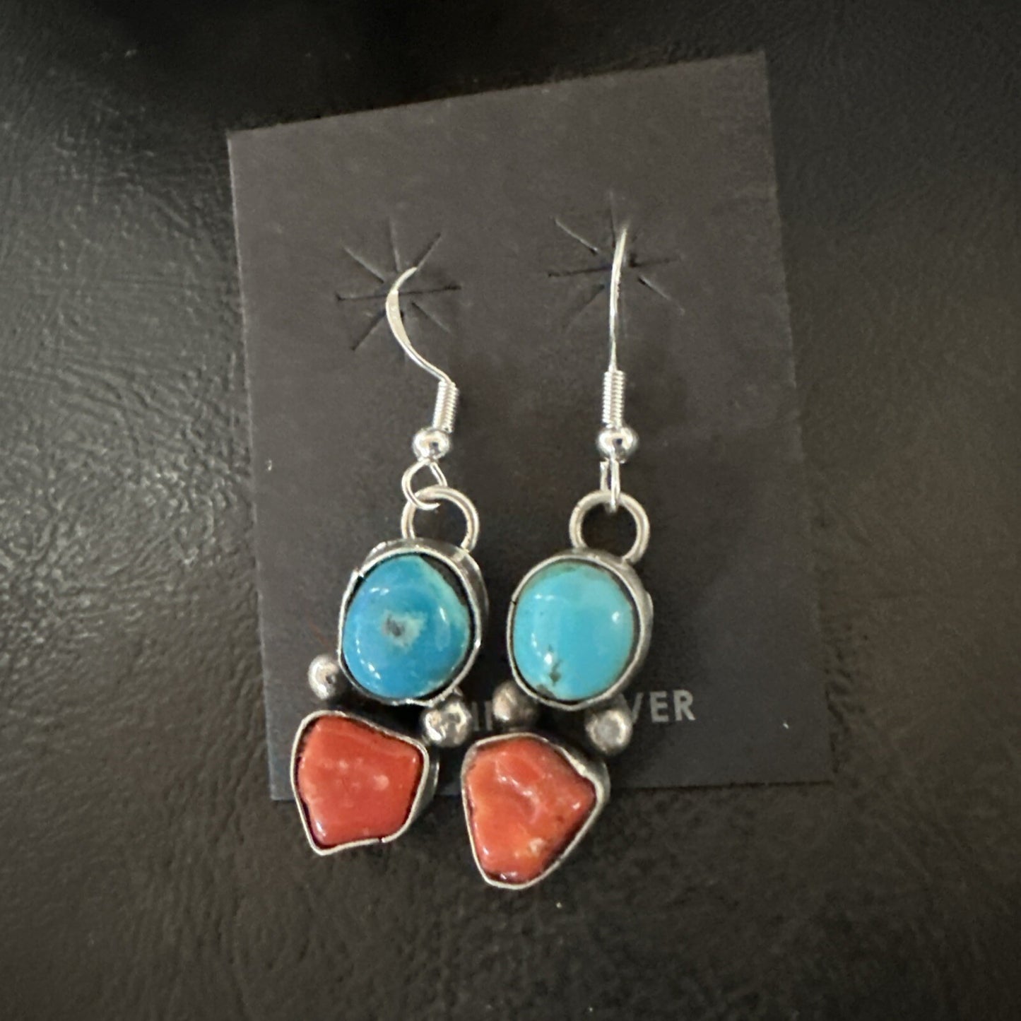 Blue Turquoise Red Coral Sterling Silver Navajo Dangle Earrings 18843