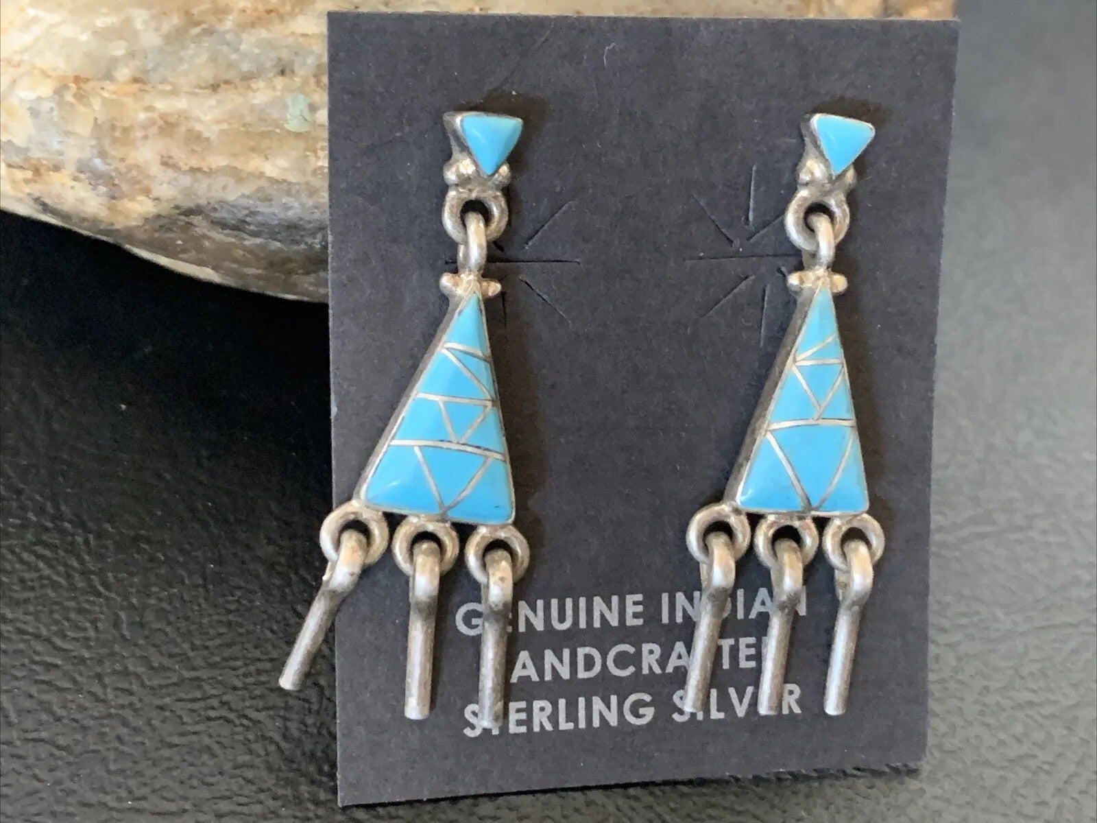 Blue Turquoise Inlay Zuni Sterling Silver Dangle Post Earrings 1.5" 12745