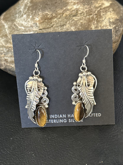 Coffee Tiger's Eye Navajo Sterling Silver Dangle Earrings 14759