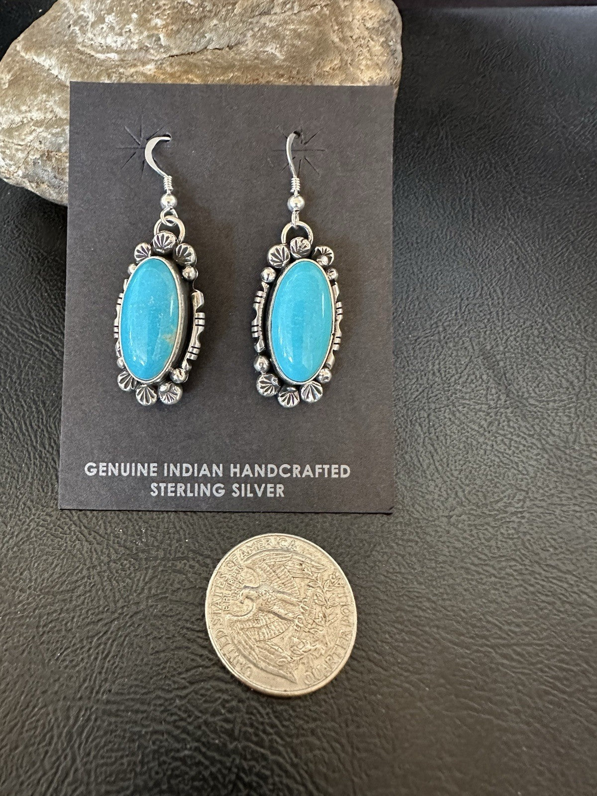 Handmade Blue Turquoise Sterling Silver Navajo Dangle Earrings Yazzie 19536