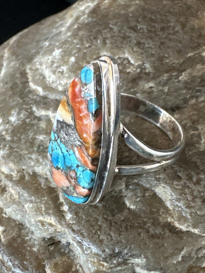 Blue Turquoise Orange Spiny Oyster Navajo Sterling Silver Ring Size 6 18211