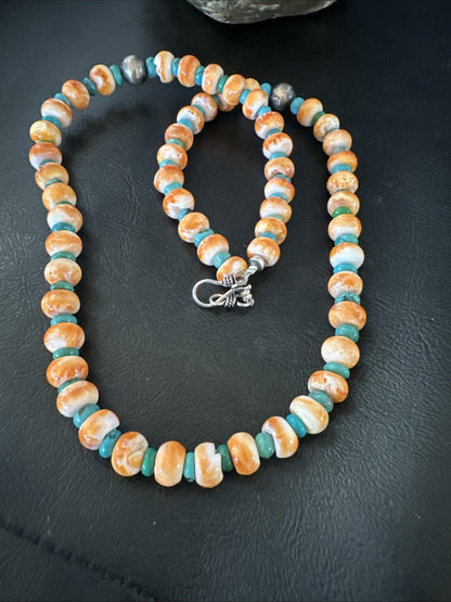 Orange Spiny Oyster Turquoise Navajo Sterling Silver Beads 22” Necklace 19164