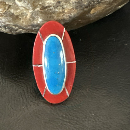 Blue Turquoise Coral Navajo Sterling Silver Ring Size 7.5 18767