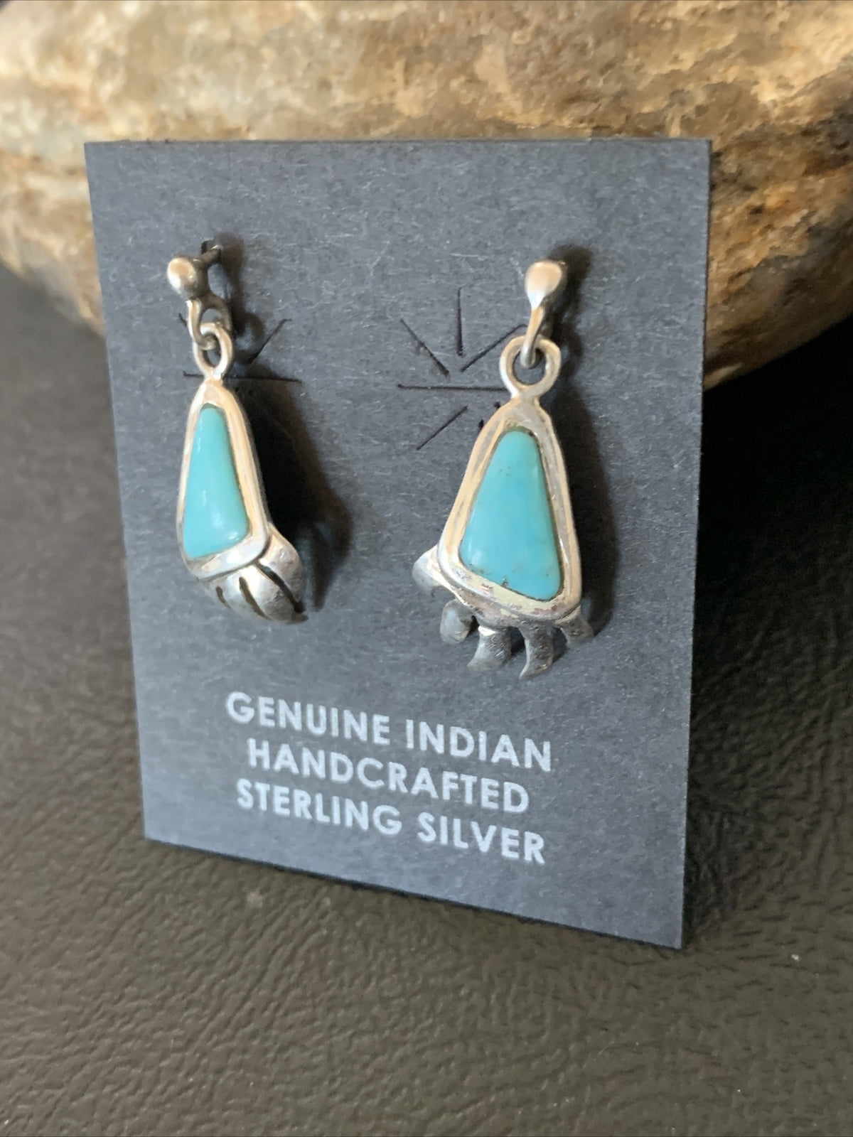 Turquoise BearPaw Inlay Navajo Sterling Silver Dangle Post Earrings 0.50" 12743