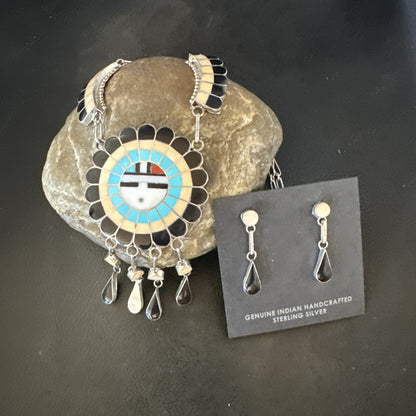 Sunface Spiny Onyx Turquoise Zuni Sterling Silver Necklace 18" Earrings 19115