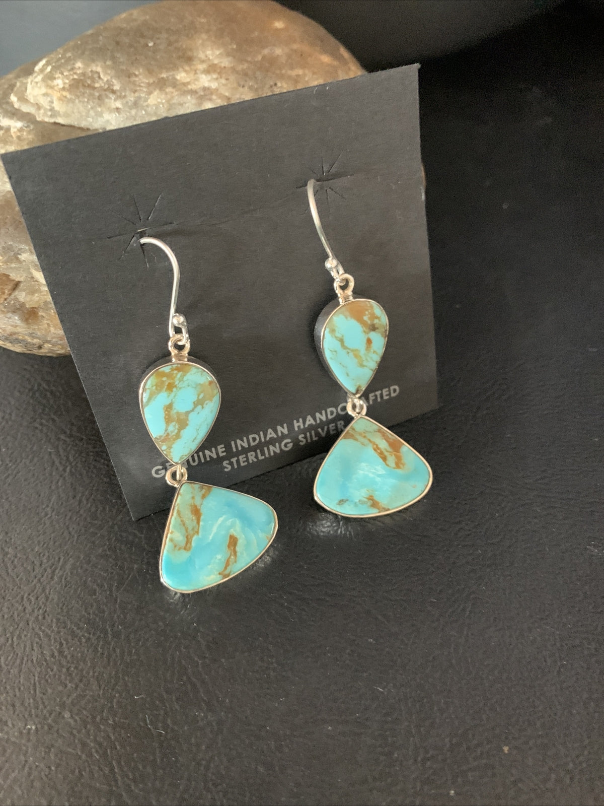 Blue Kingman Turquoise Navajo Sterling Silver Dangle Earrings 1.5" 14077