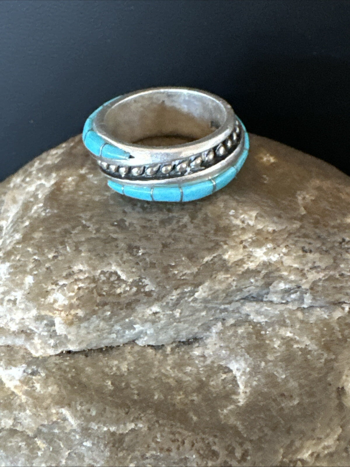 Blue Turquoise Navajo Sterling Silver Inlay Band Ring Size 7 18813