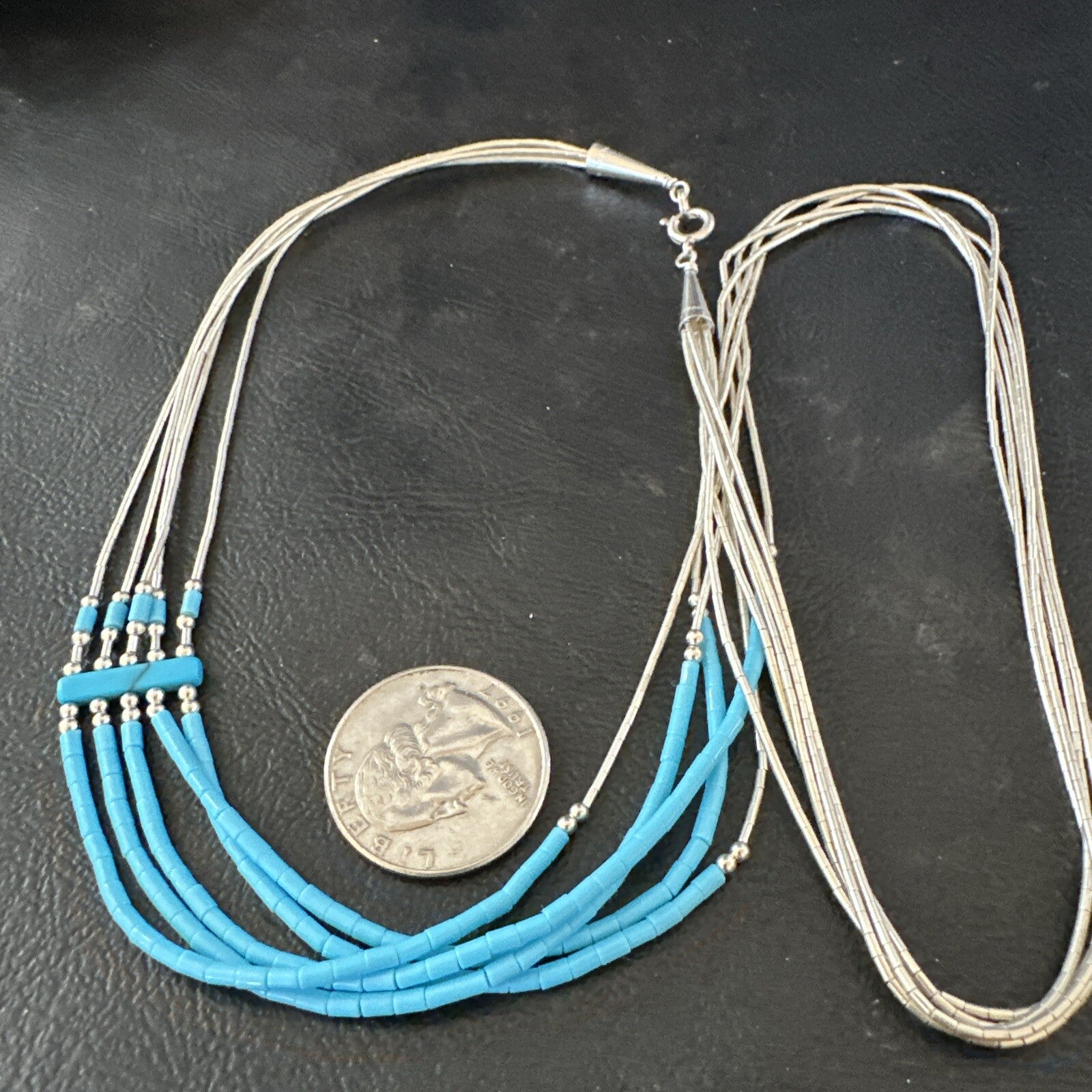 Blue Turquoise 5 Strand Heishi Liquid Sterling Silver Necklace 17854