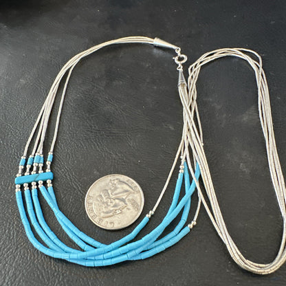 Blue Turquoise 5 Strand Heishi Liquid Sterling Silver Necklace 17854