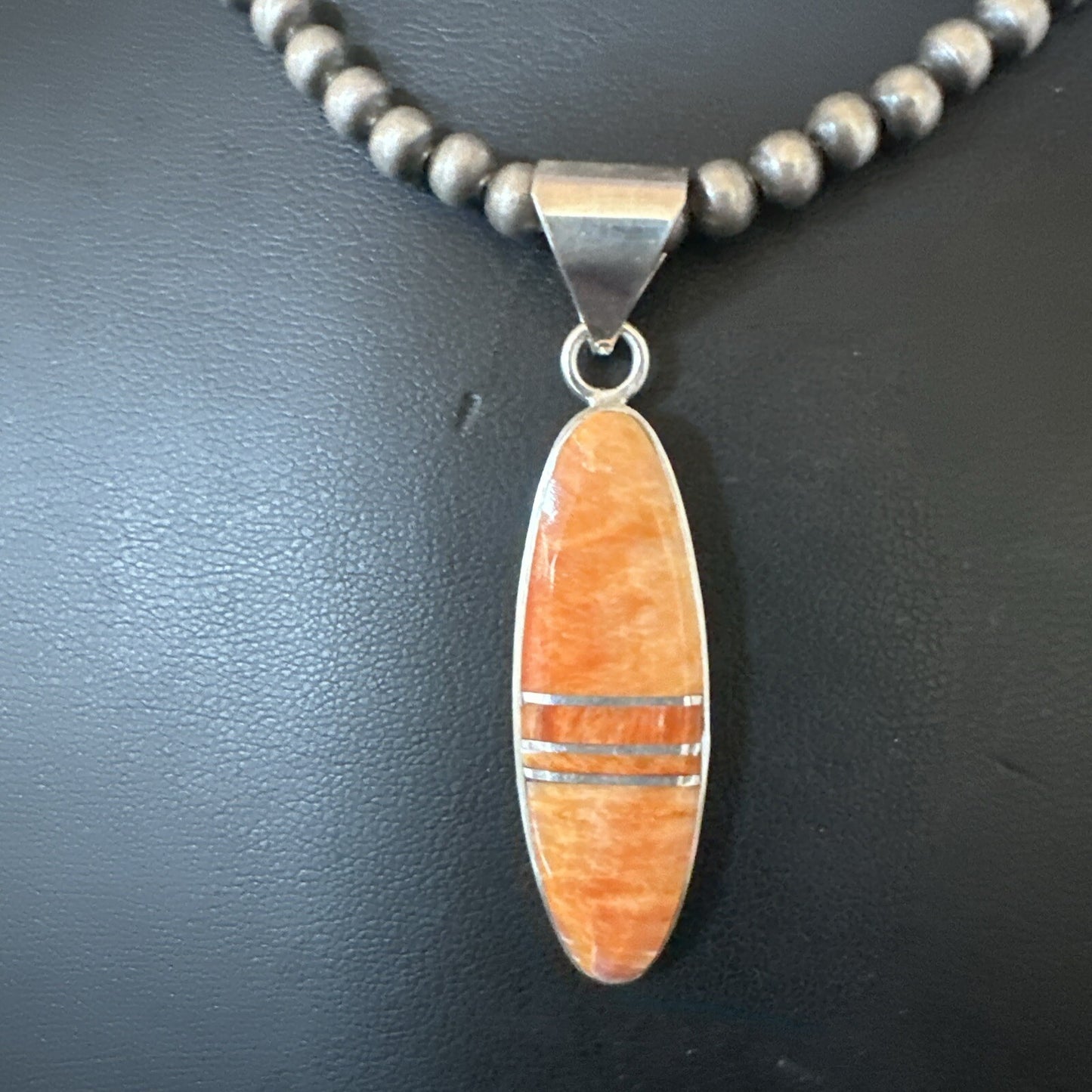 Native Navajo Sterling Silver Orange Spiny Oyster Necklace Inlay Pendant 17811