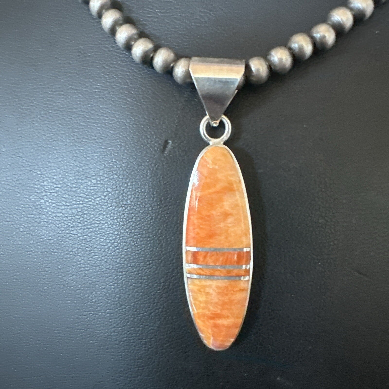 Native Navajo Sterling Silver Orange Spiny Oyster Necklace Inlay Pendant 17811