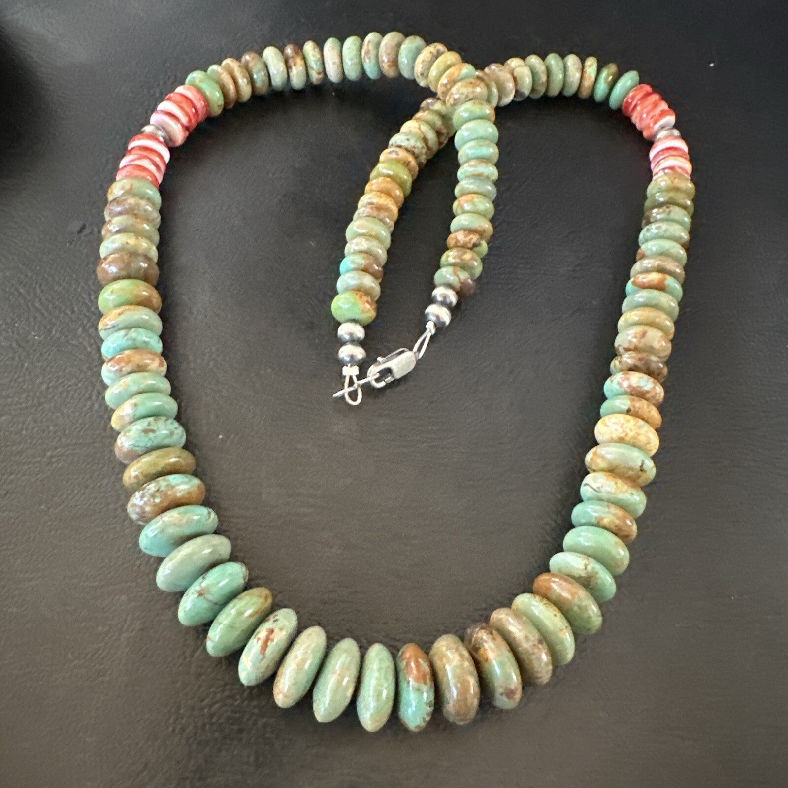 Green Turquoise Red Spiny Oyster Navajo Sterling Silver Necklace 22" 18361
